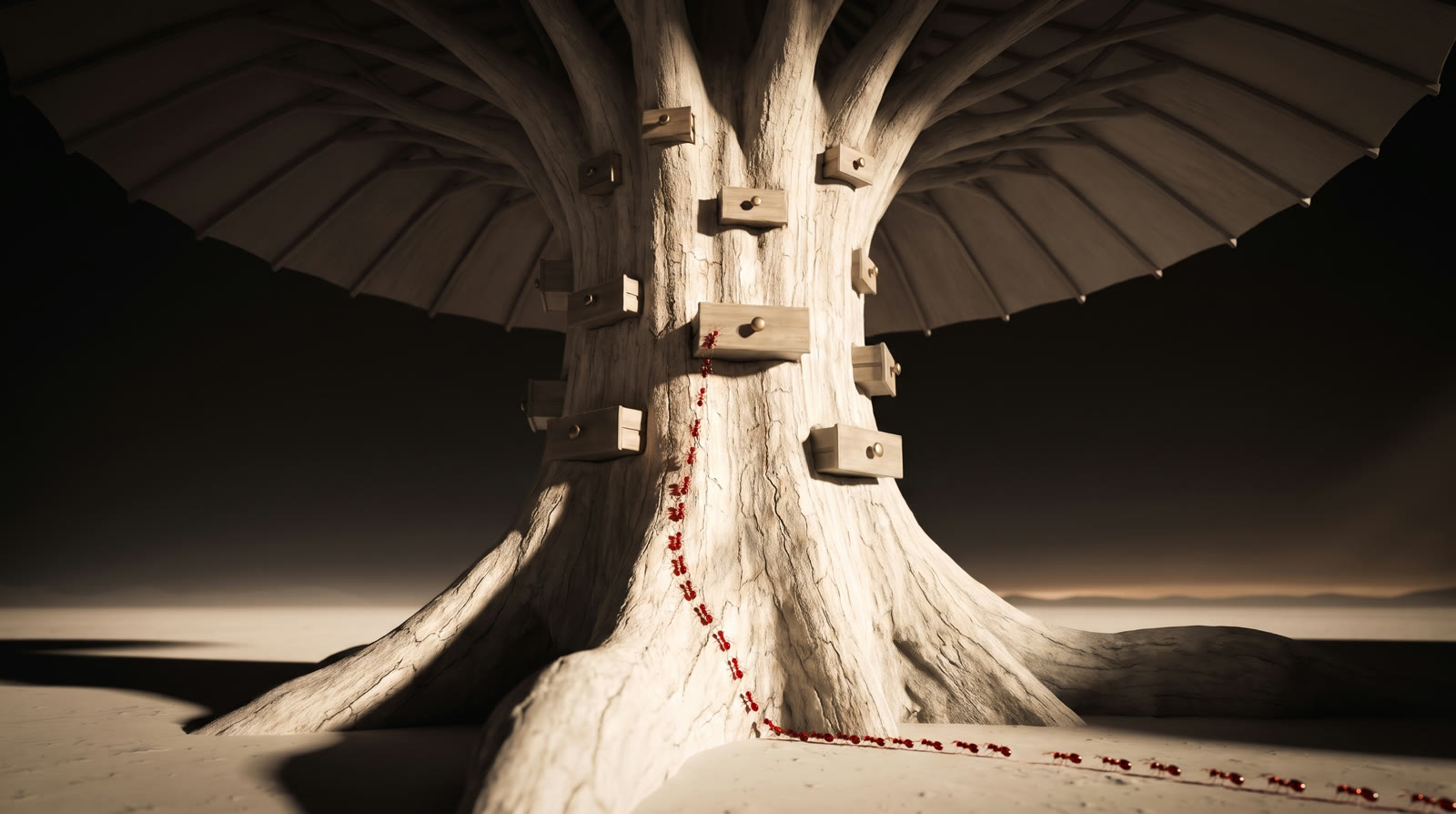 Ilustración: el pie del tronco del árbol de Retrahtos, con una fila pequeña de hormigas de rubí bajando desde una gaveta hasta la arena.